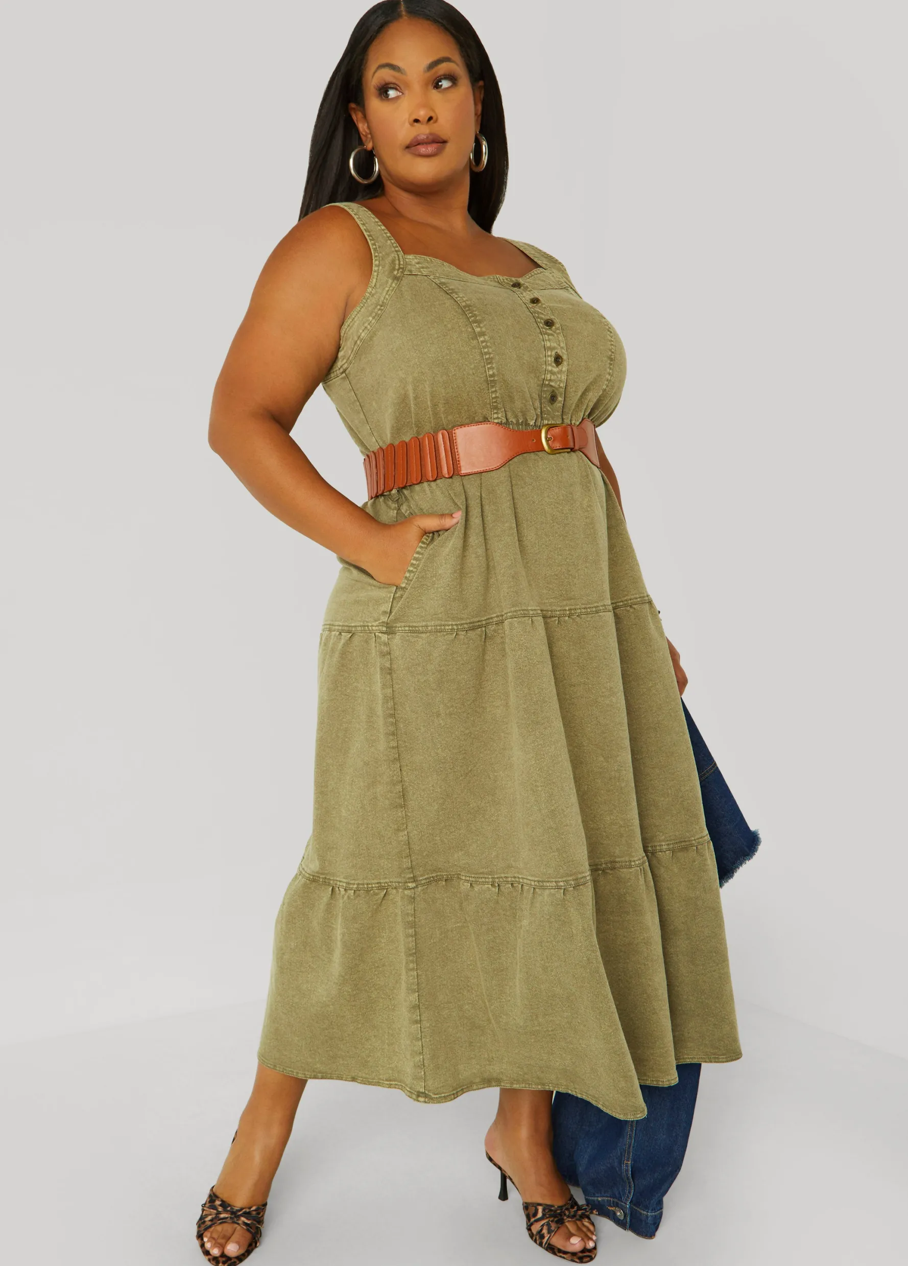 Fashion Ashley Stewart Flounced Denim Maxi Dress Deep Depths