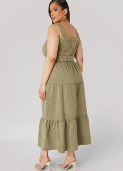 Fashion Ashley Stewart Flounced Denim Maxi Dress Deep Depths