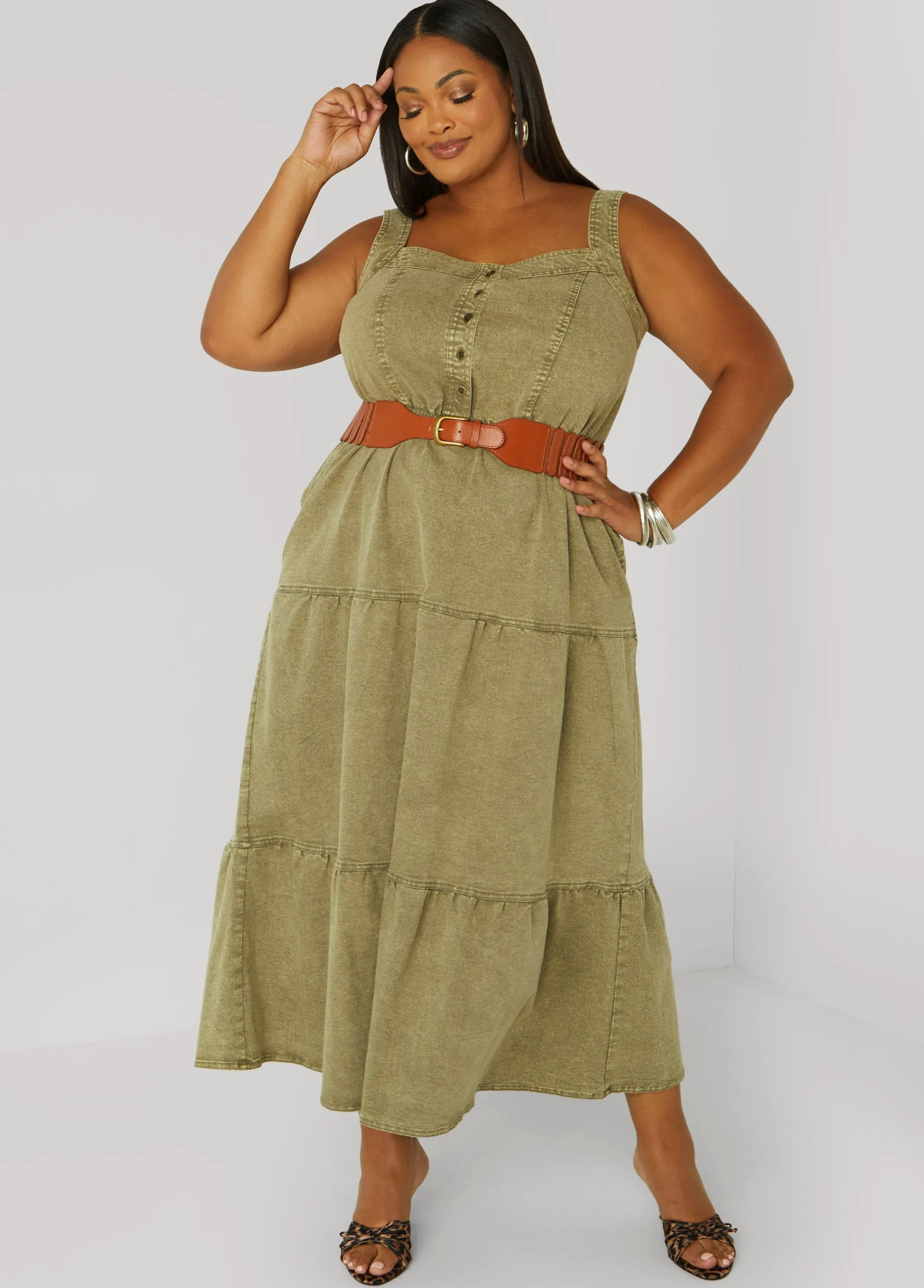 Fashion Ashley Stewart Flounced Denim Maxi Dress Deep Depths