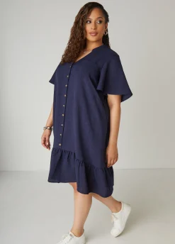 New Ashley Stewart Flounced Slub Woven Shirtdress