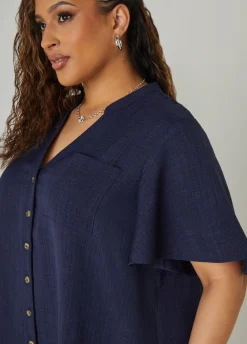 New Ashley Stewart Flounced Slub Woven Shirtdress
