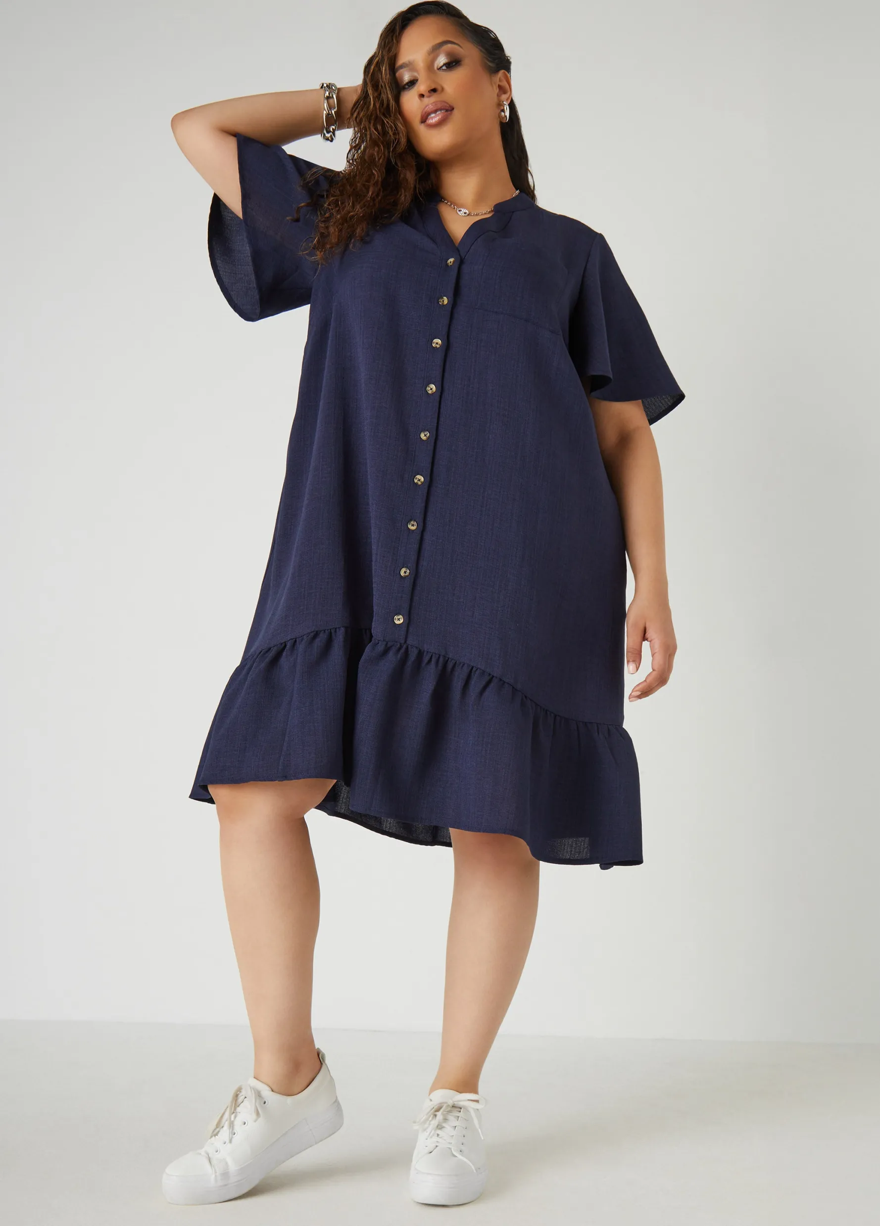 New Ashley Stewart Flounced Slub Woven Shirtdress
