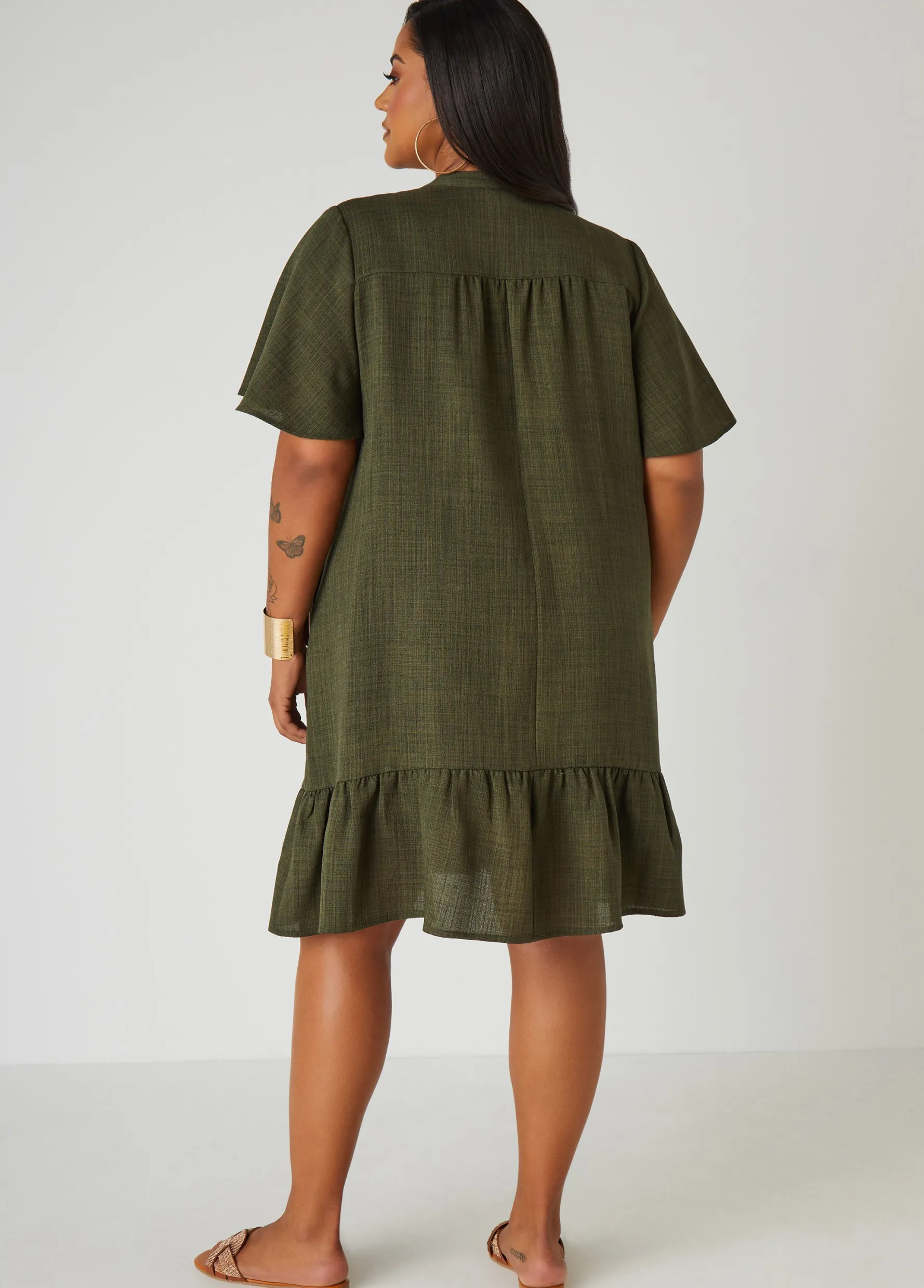 New Ashley Stewart Flounced Slub Woven Shirtdress