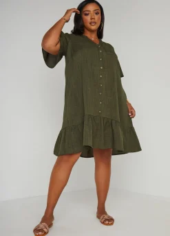 New Ashley Stewart Flounced Slub Woven Shirtdress