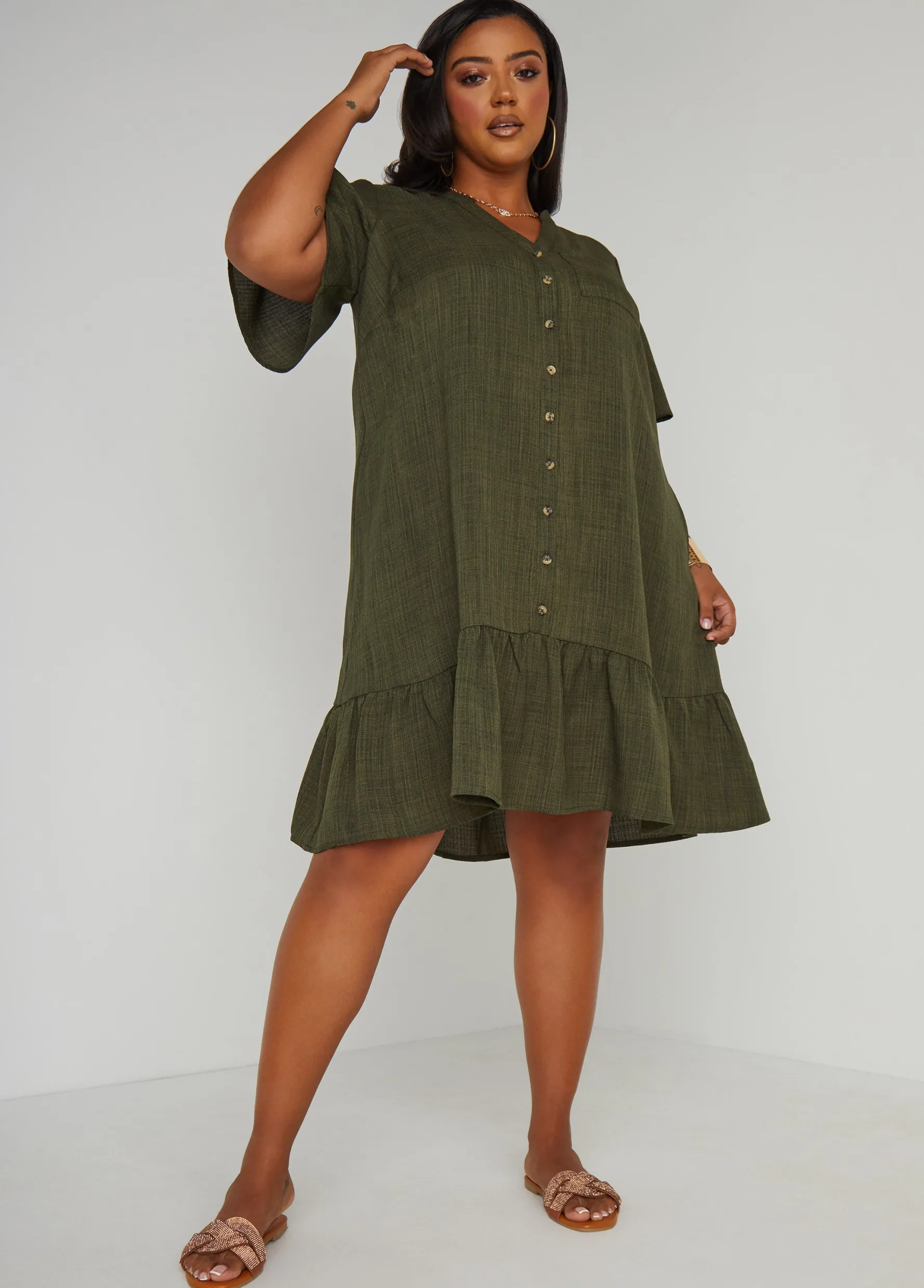 New Ashley Stewart Flounced Slub Woven Shirtdress