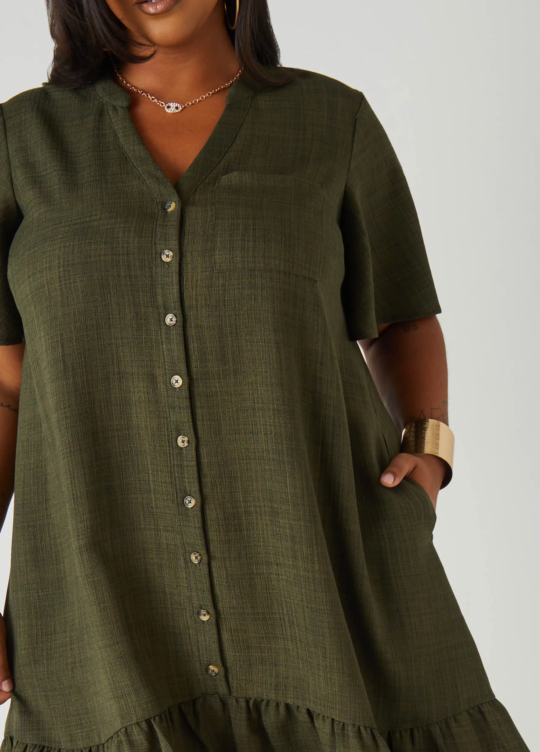 New Ashley Stewart Flounced Slub Woven Shirtdress
