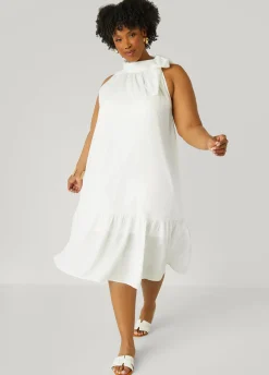 Hot Ashley Stewart Flounced Tie Neck Midi Dress White