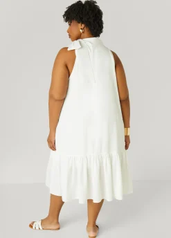 Hot Ashley Stewart Flounced Tie Neck Midi Dress White