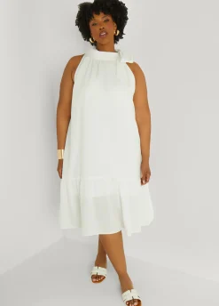 Hot Ashley Stewart Flounced Tie Neck Midi Dress White