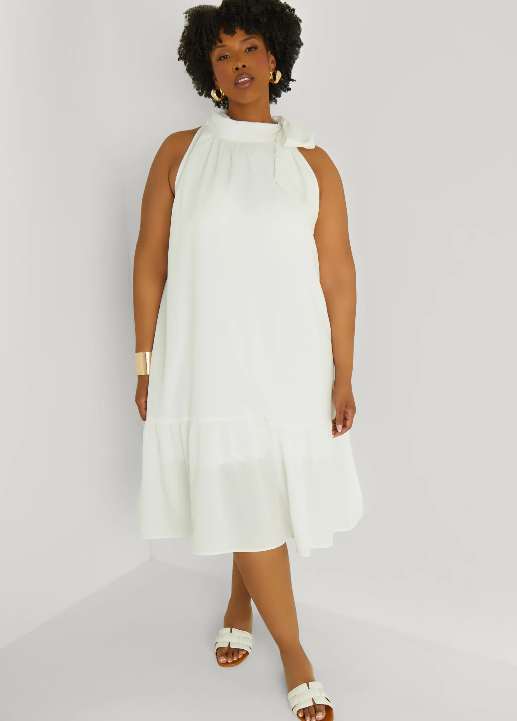 Hot Ashley Stewart Flounced Tie Neck Midi Dress White