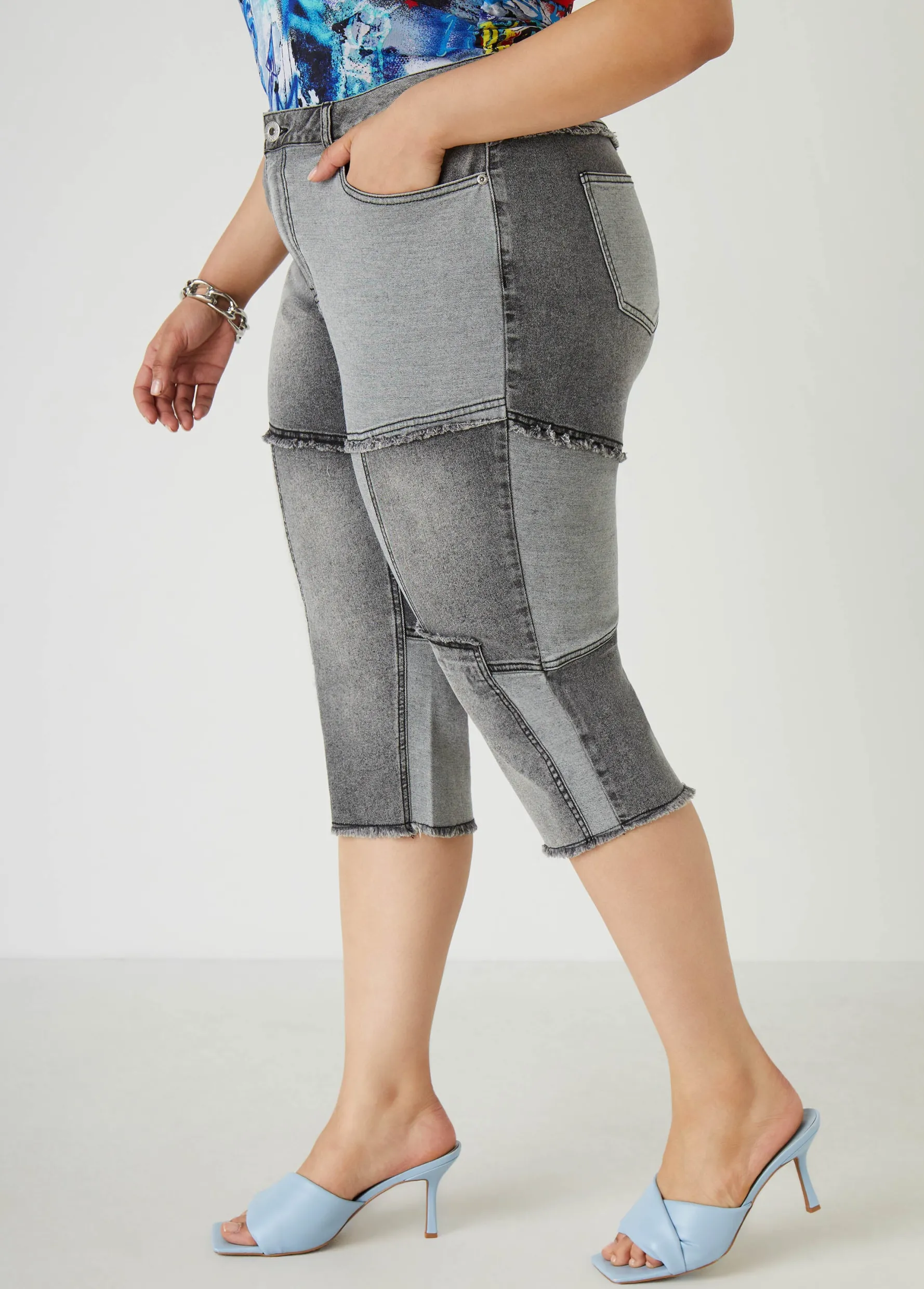 Best Ashley Stewart Frayed Patchwork Denim Capris