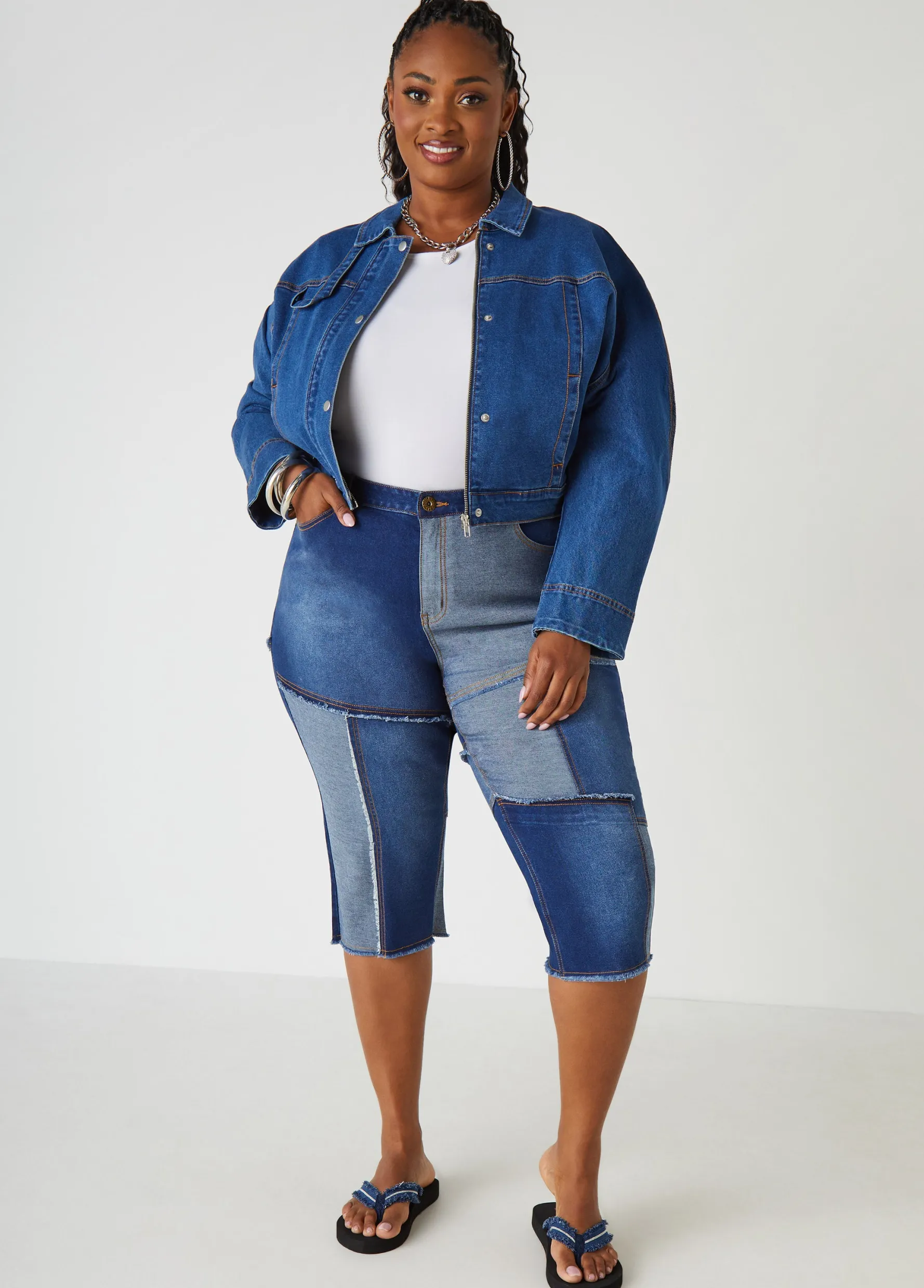 Best Ashley Stewart Frayed Patchwork Denim Capris
