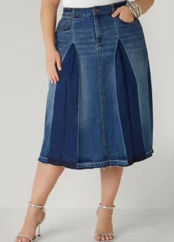 Sale Ashley Stewart Frayed Pleated Denim Midi Skirt Dk Rinse