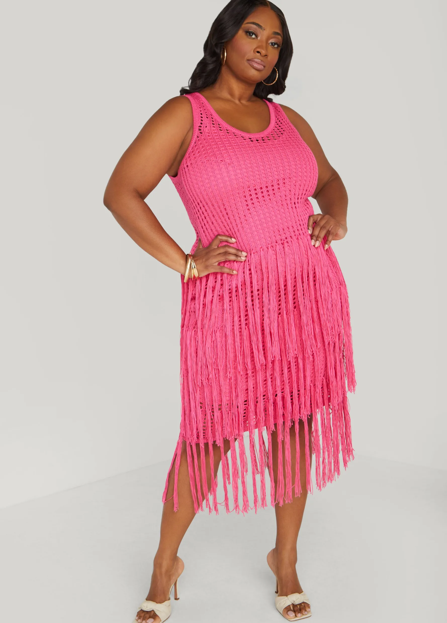 Fashion Ashley Stewart Fringed Crochet Tank Dress