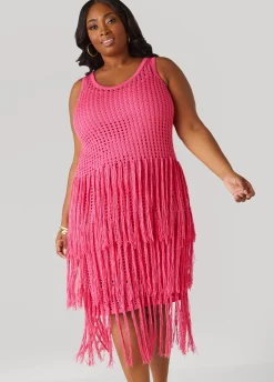Fashion Ashley Stewart Fringed Crochet Tank Dress