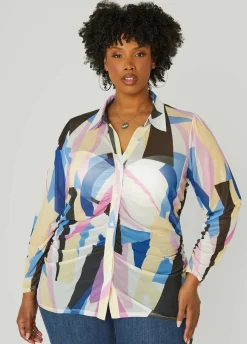 Online Ashley Stewart Gathered Abstract Print Mesh Shirt Multi