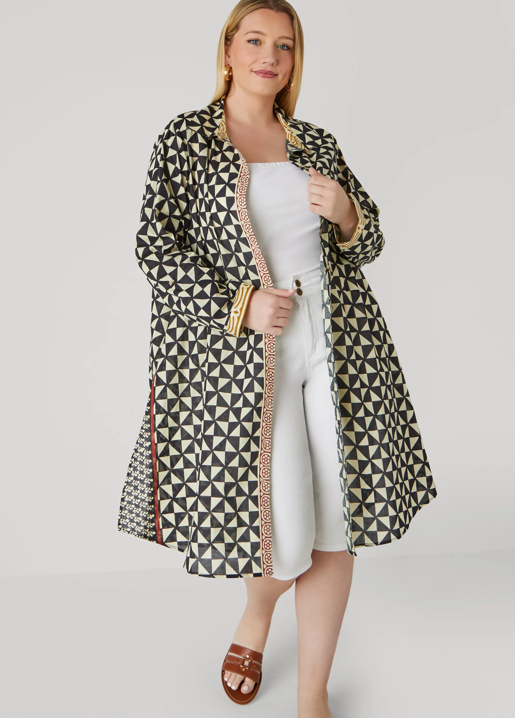 New Ashley Stewart Geo Cotton Duster Shirt Multi