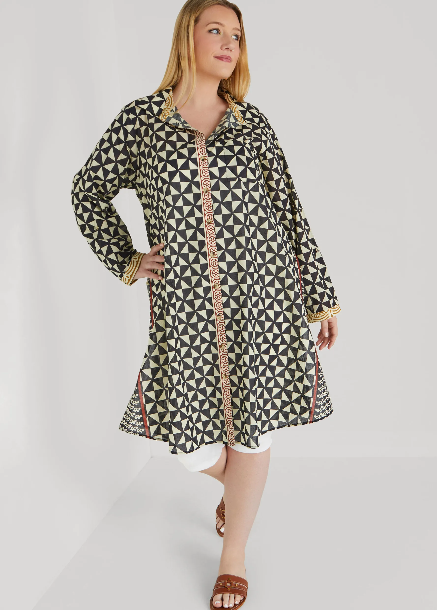 New Ashley Stewart Geo Cotton Duster Shirt Multi