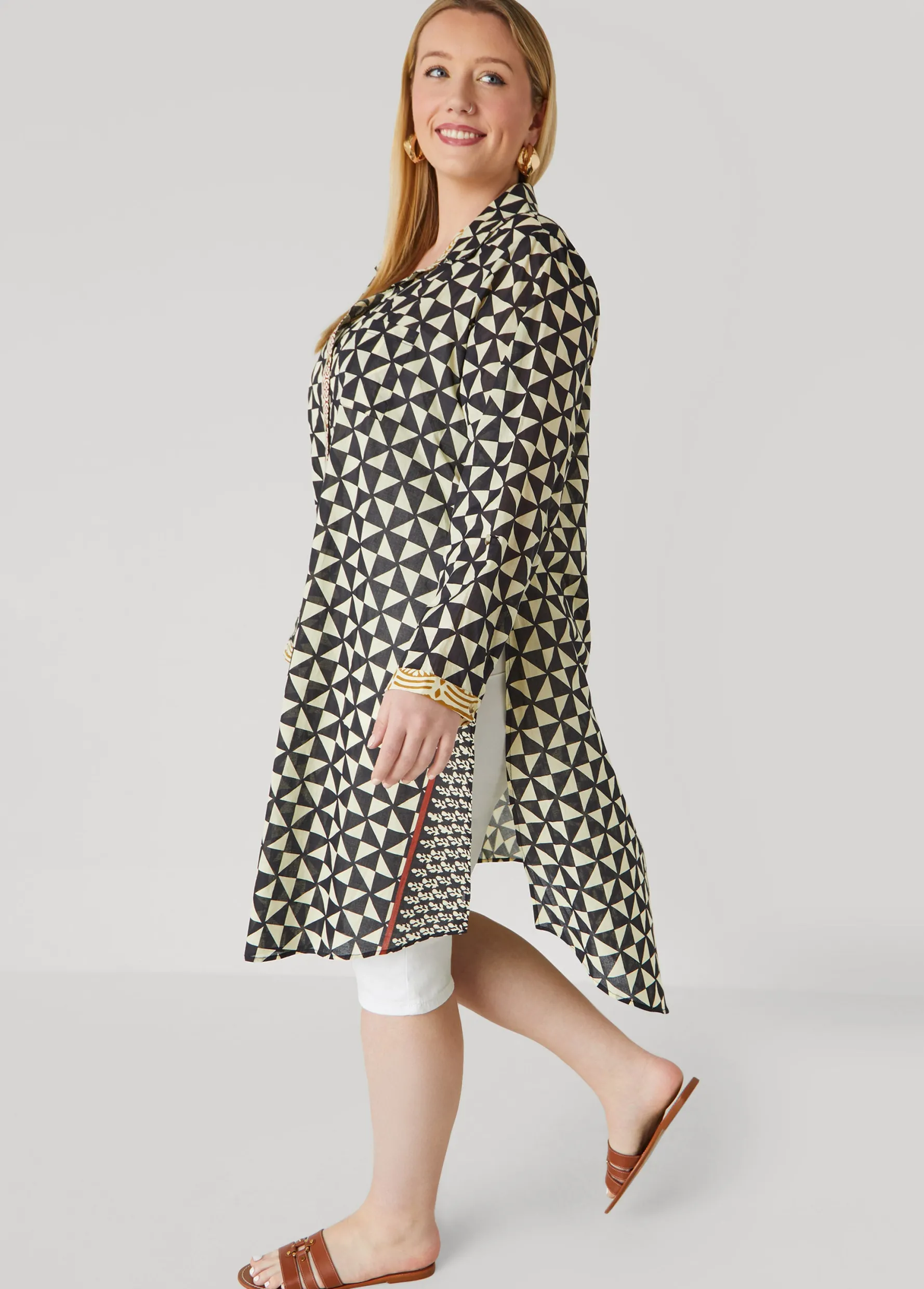 New Ashley Stewart Geo Cotton Duster Shirt Multi