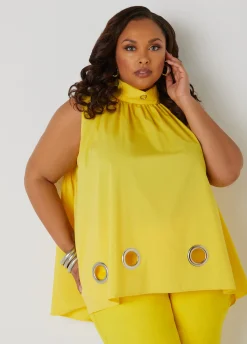 New Ashley Stewart Grommet Embellished Poplin Blouse