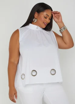 New Ashley Stewart Grommet Embellished Poplin Blouse