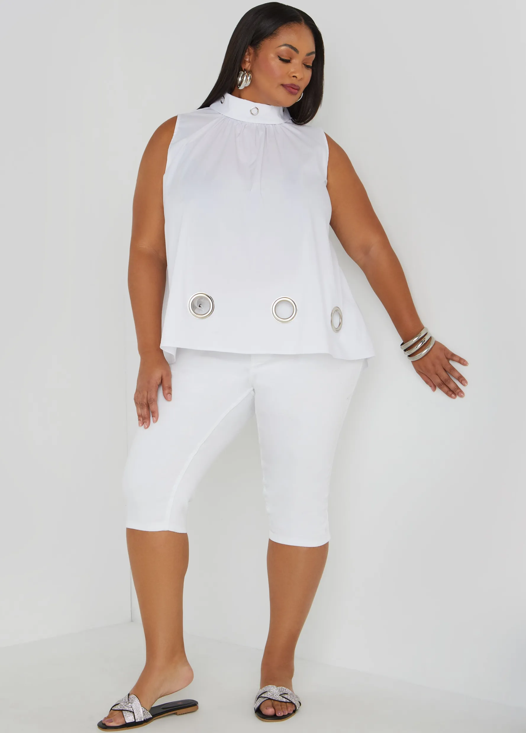 New Ashley Stewart Grommet Embellished Poplin Blouse