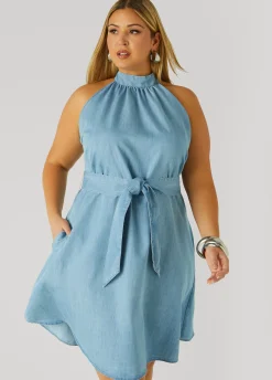 New Ashley Stewart High Collar Chambray Swing Dress Denim