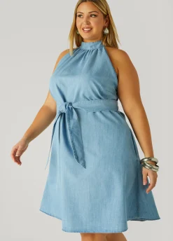 New Ashley Stewart High Collar Chambray Swing Dress Denim