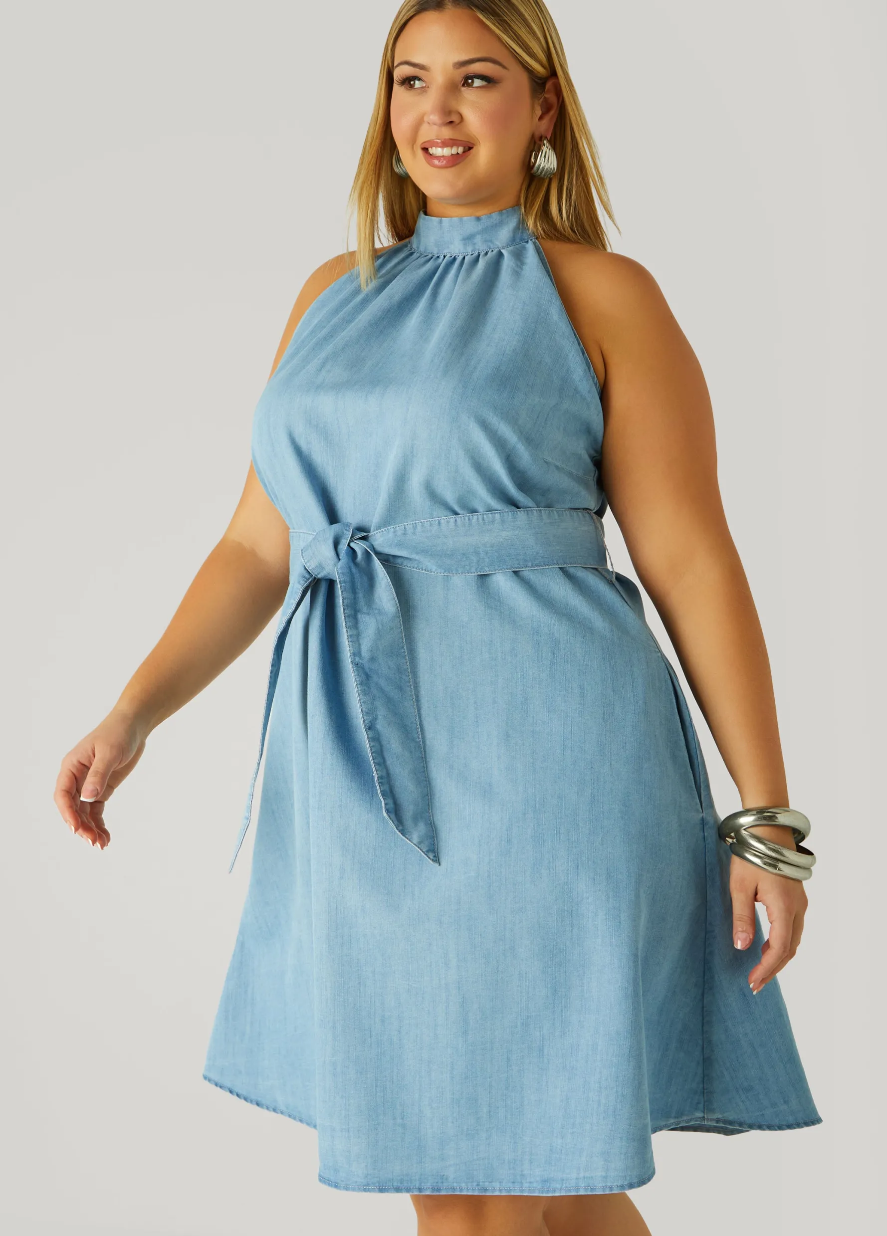 New Ashley Stewart High Collar Chambray Swing Dress Denim