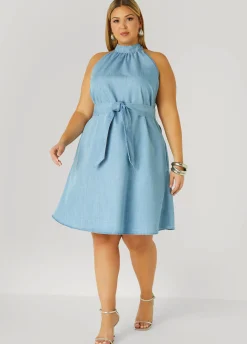 New Ashley Stewart High Collar Chambray Swing Dress Denim