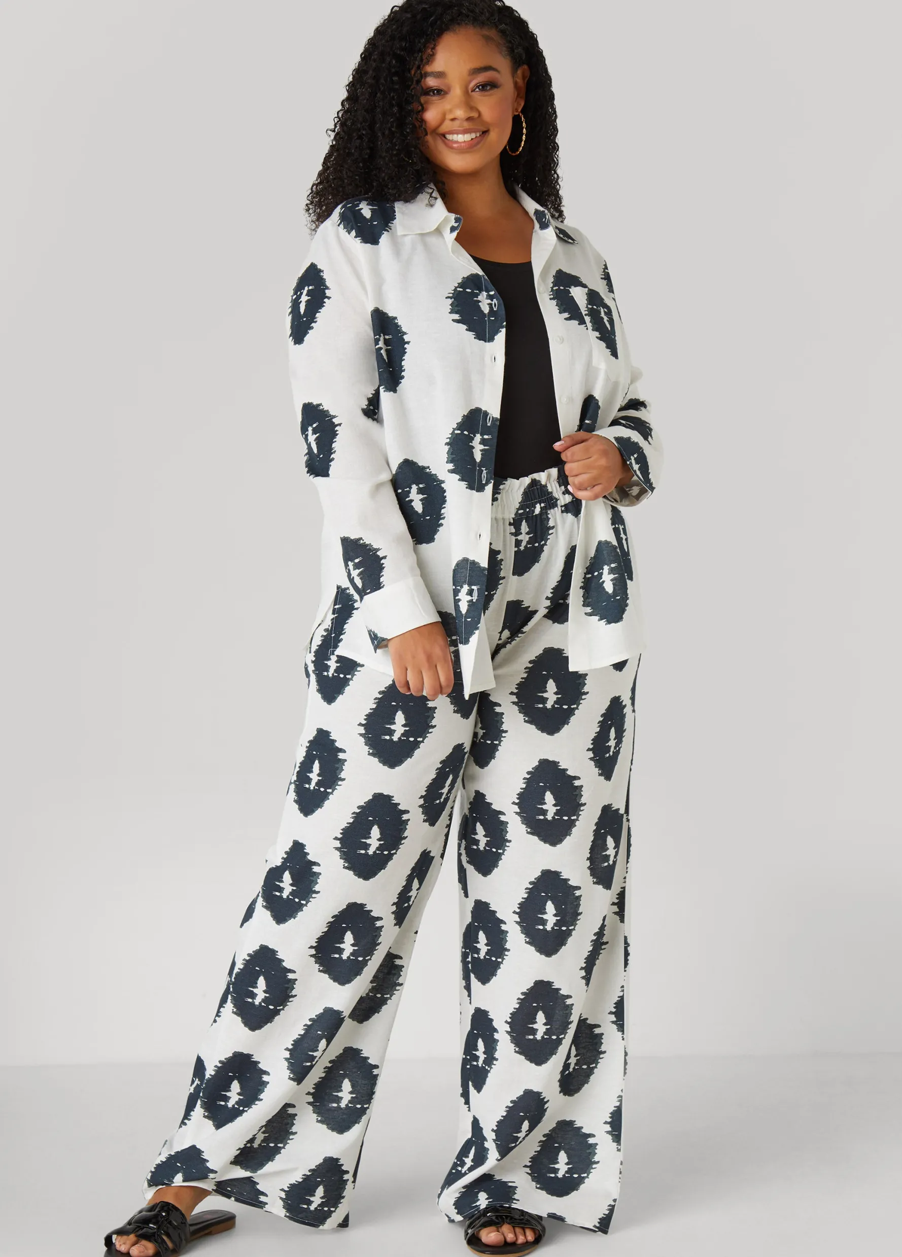 Hot Ashley Stewart Ikat Print Wide Leg Pants White Black