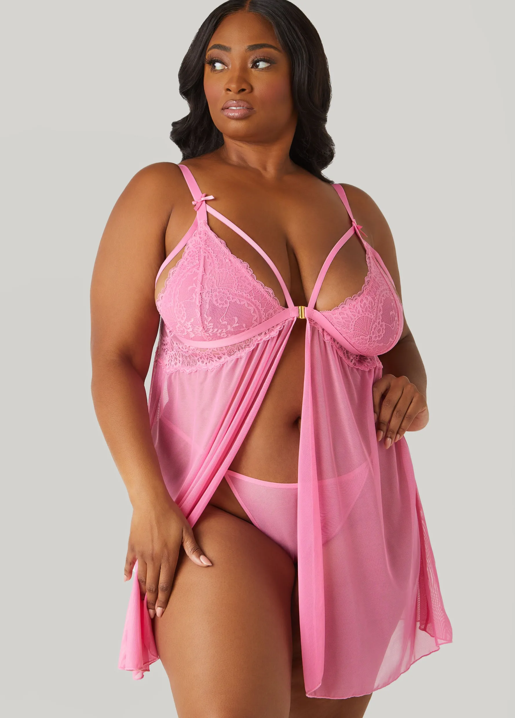 Outlet Ashley Stewart Lace And Mesh Babydoll Set Pink