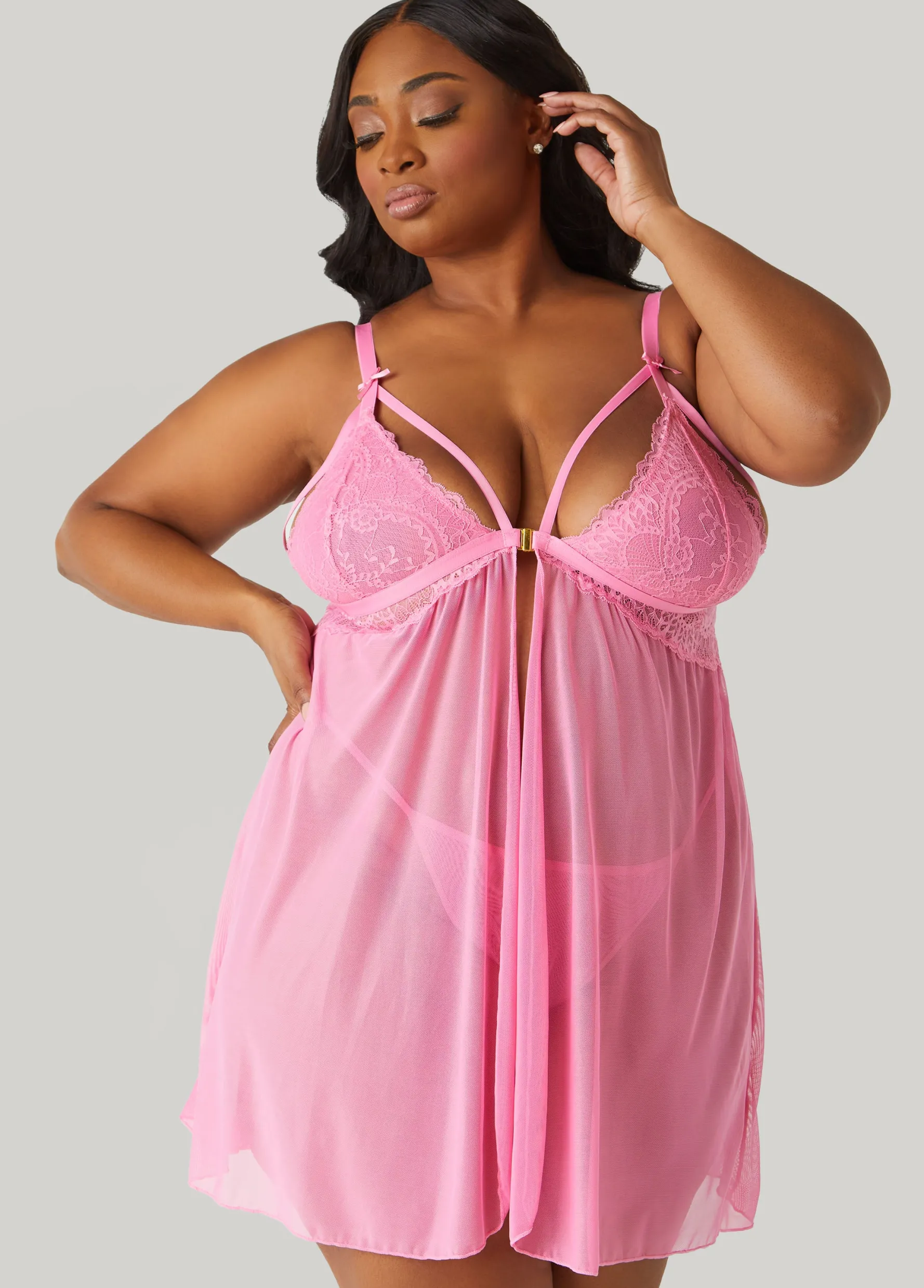 Outlet Ashley Stewart Lace And Mesh Babydoll Set Pink