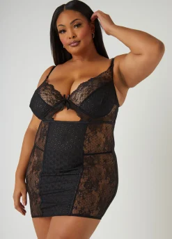 Clearance Ashley Stewart Lace Paneled Eyelet Chemise Set Black