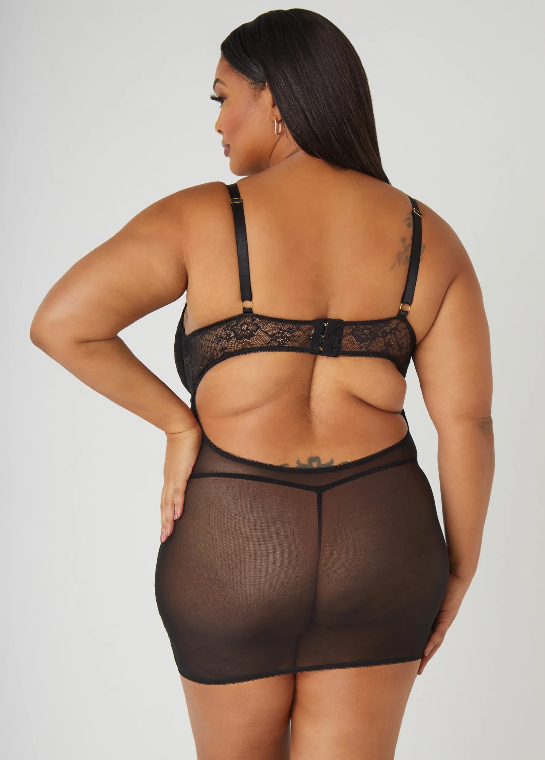 Clearance Ashley Stewart Lace Paneled Eyelet Chemise Set Black