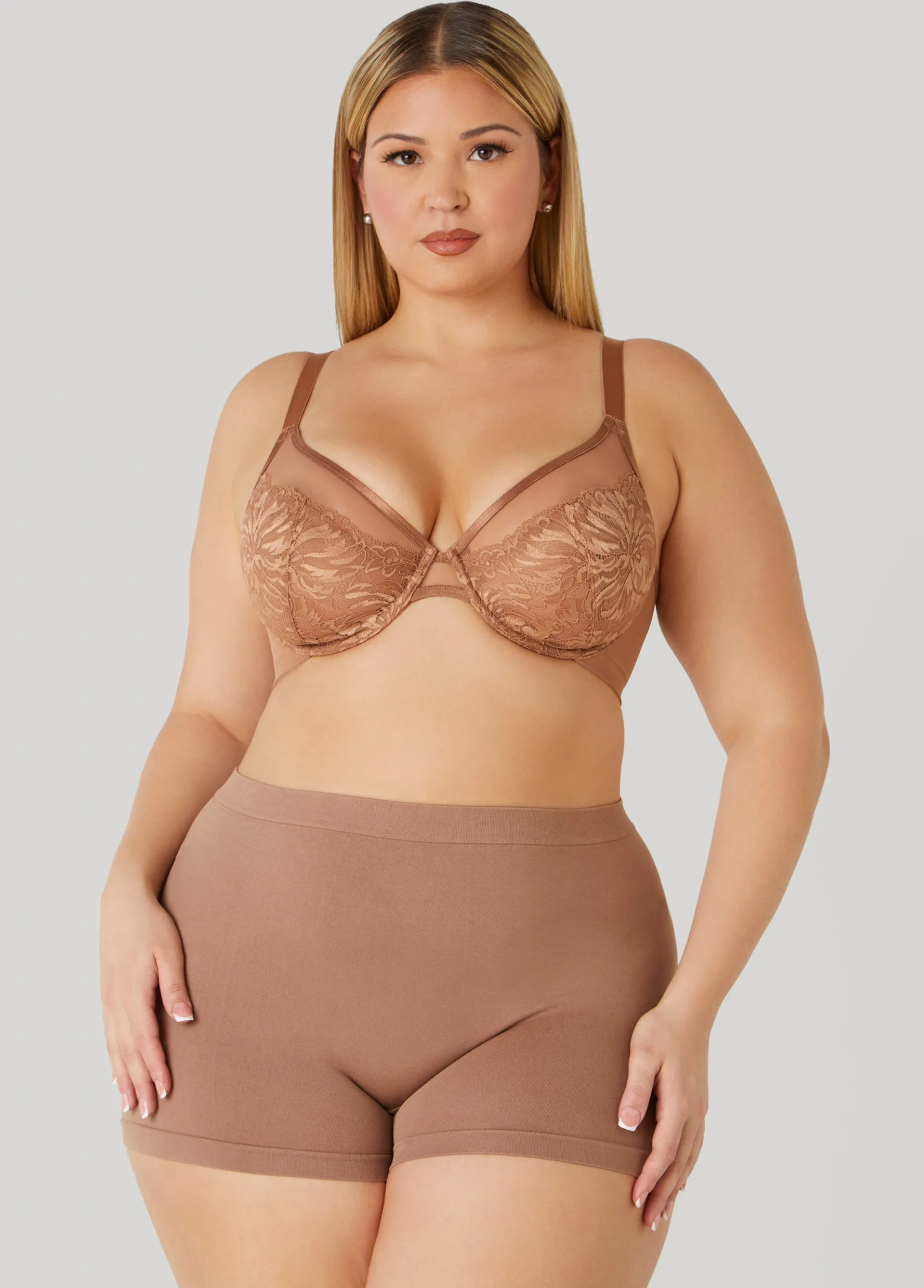 Outlet Ashley Stewart Lace Paneled Mesh Underwire Bra Umber