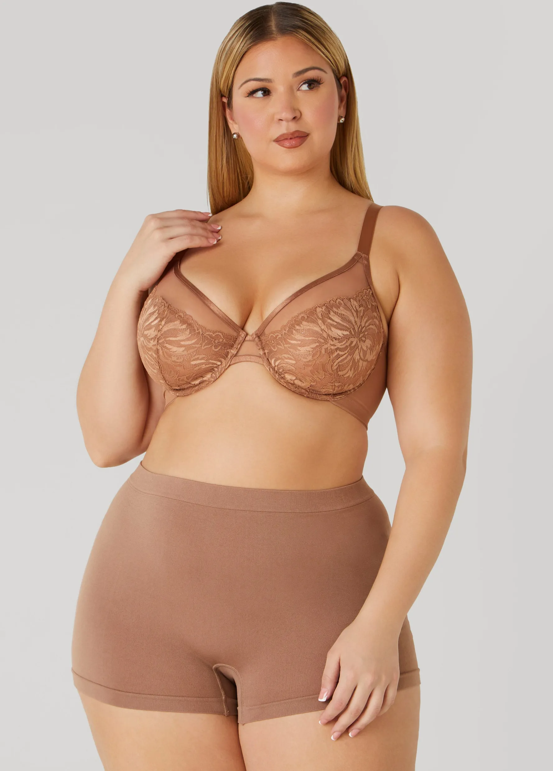 Outlet Ashley Stewart Lace Paneled Mesh Underwire Bra Umber