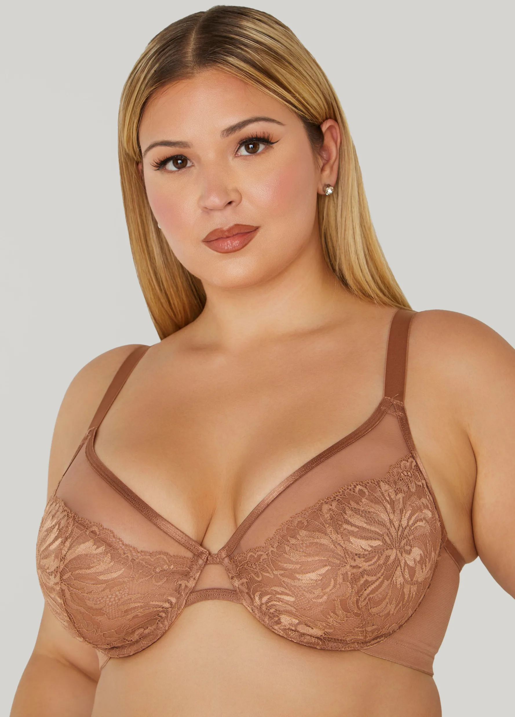 Outlet Ashley Stewart Lace Paneled Mesh Underwire Bra Umber
