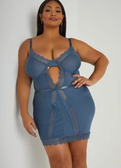 New Ashley Stewart Lace Trimmed Striped Babydoll Set Blue