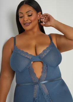 New Ashley Stewart Lace Trimmed Striped Babydoll Set Blue