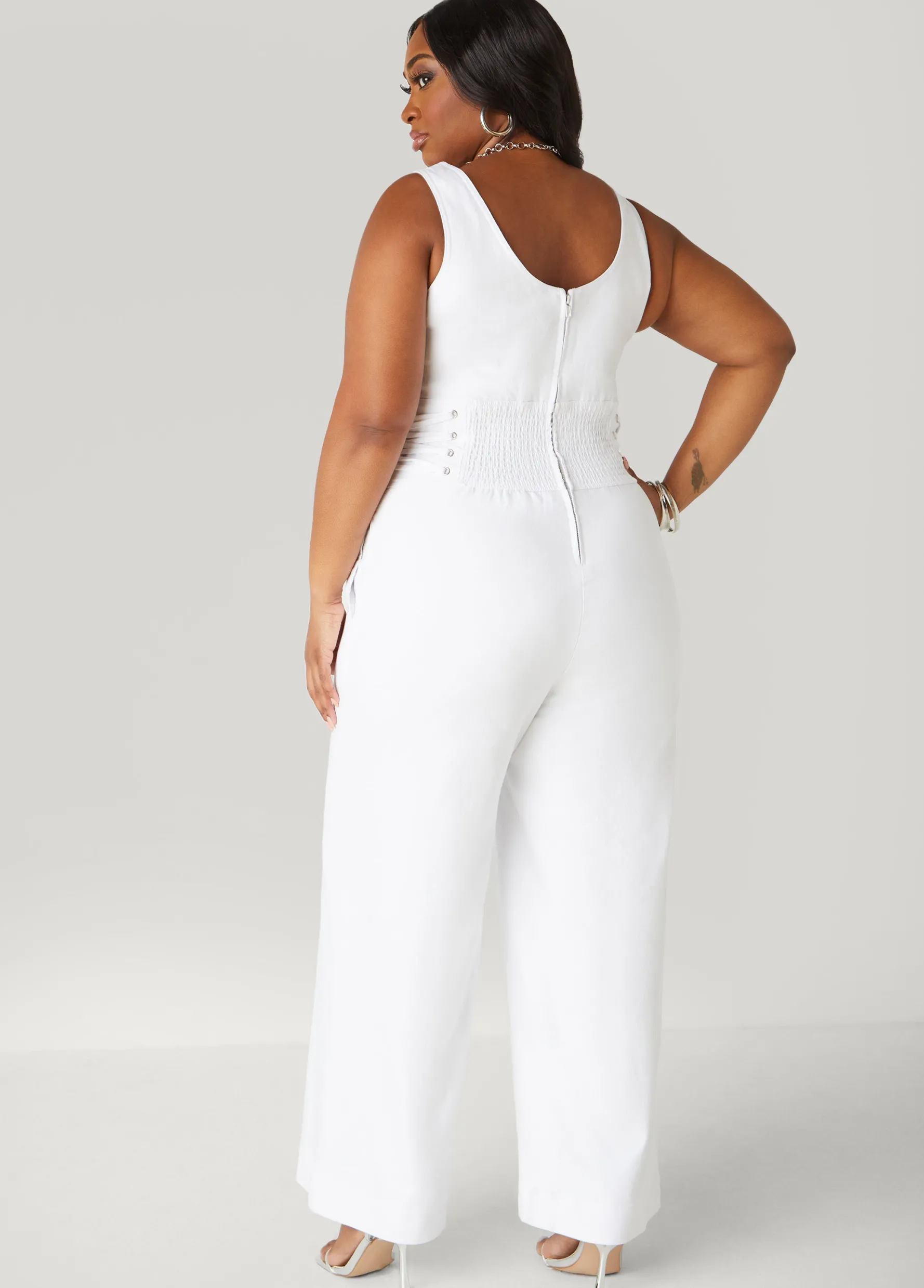 Online Ashley Stewart Lace Up Denim Jumpsuit White