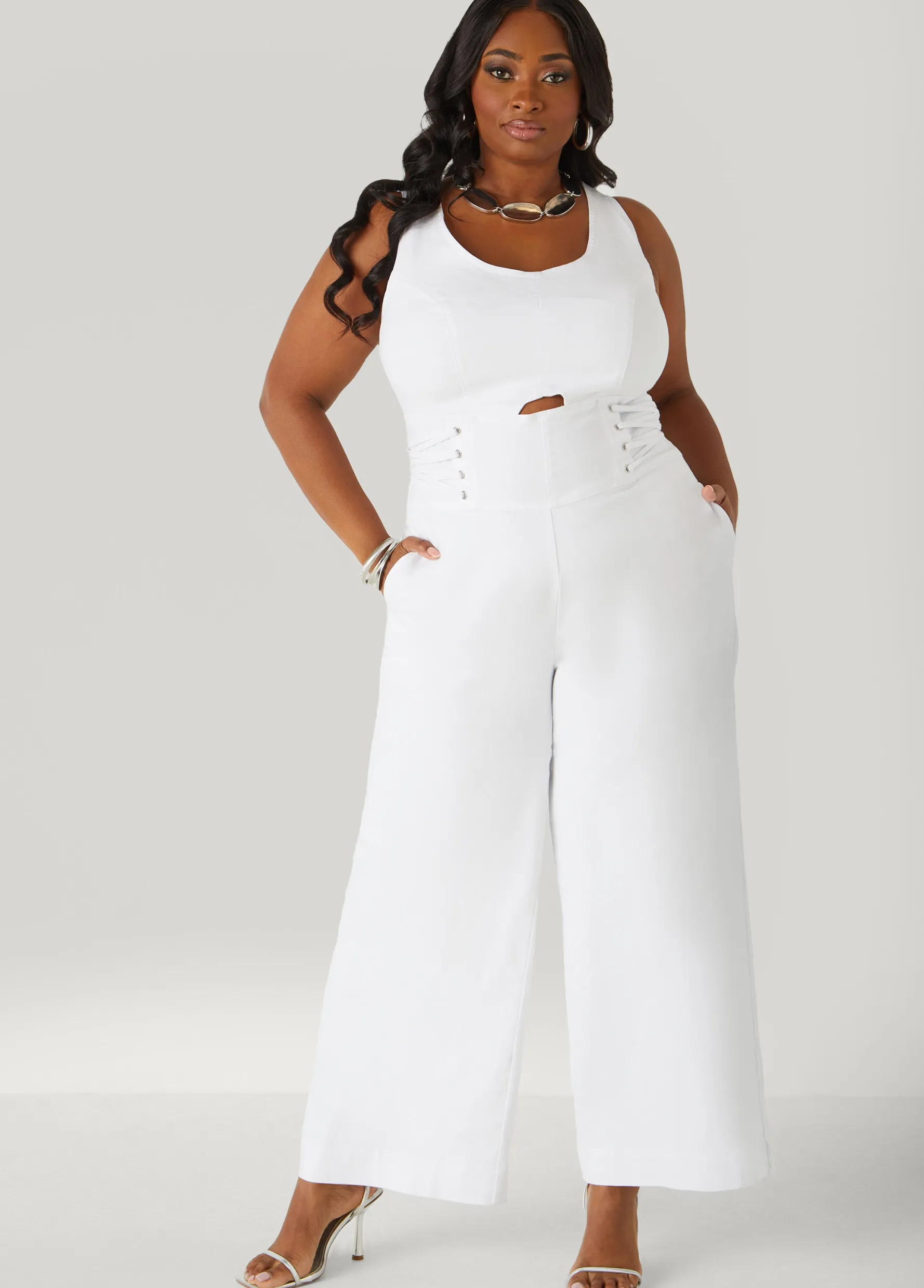 Online Ashley Stewart Lace Up Denim Jumpsuit White