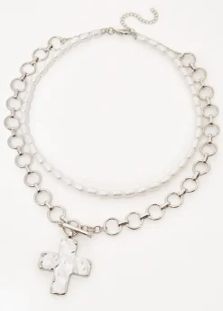 New Ashley Stewart Layered Cross Faux Pearl Necklace Silver