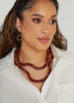 New Ashley Stewart Layered Enamel Necklace Brown
