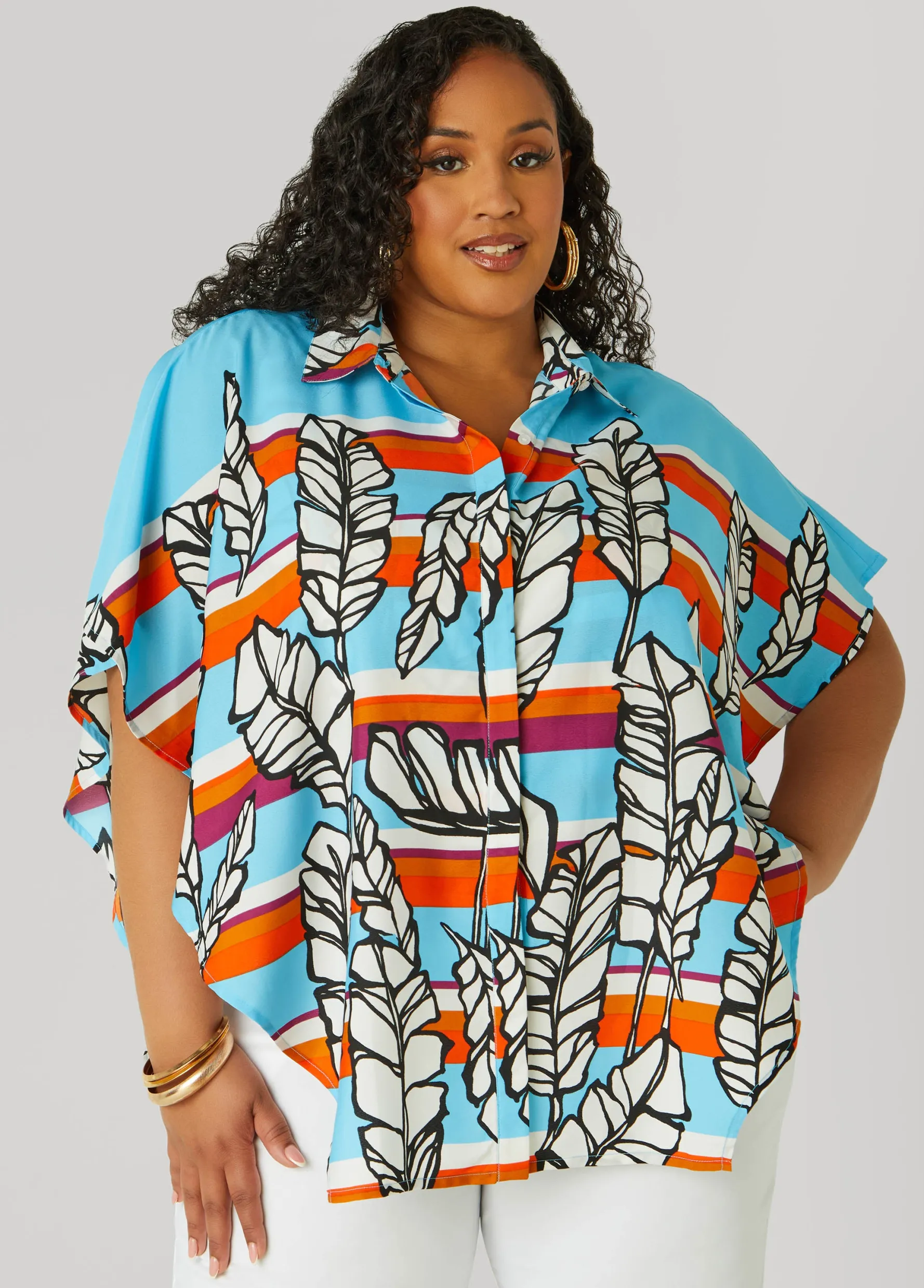 Fashion Ashley Stewart Layered Feather Print Shirt Multi