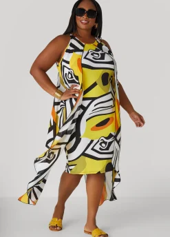 Outlet Ashley Stewart Layered Geo Print Dress Black Combo