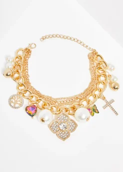 New Ashley Stewart Layered Tone Charm Bracelet Gold