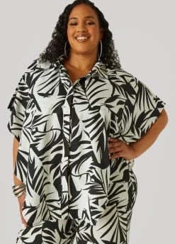 Hot Ashley Stewart Layered Leaf Print Shirt Black White