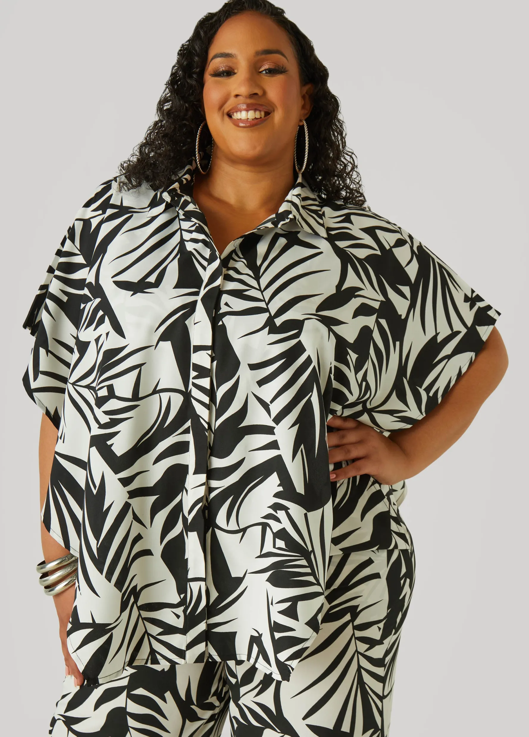 Hot Ashley Stewart Layered Leaf Print Shirt Black White