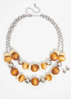 Hot Ashley Stewart Layered Wood And Bead Necklace Set Brown